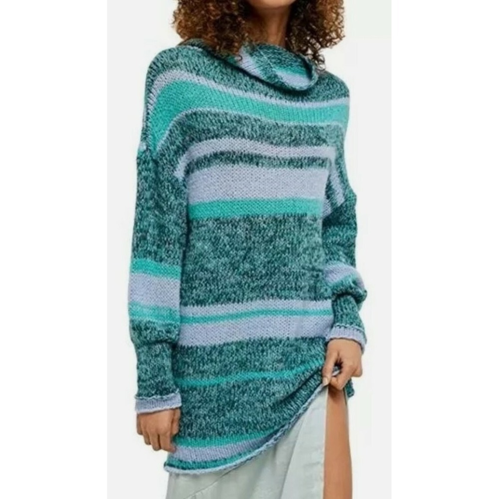 Free People Candy Stripe Tunic Womens XL Teal Waterfall Alpaca Wool Sweater cozy